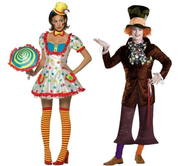 Clownkostym-damer hattare rolig förklädnad-festival-karneval