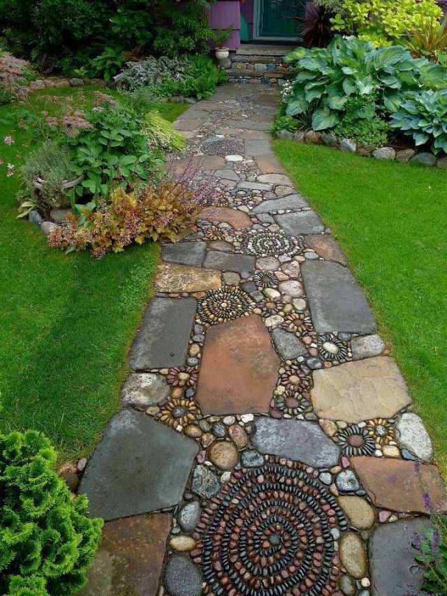 trädgårdsväg design stegsten grus mosaik idé