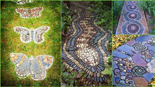 trädgård väg design mosaik grus stenar mönster orm fjäril