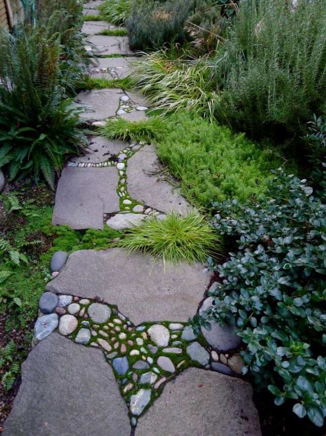 trädgårdsväg designidéer stenstenar luckor mossa grus