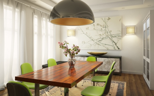 matsal-möbler-gröna-stolar-trä-matbord-top-naturligt utseende