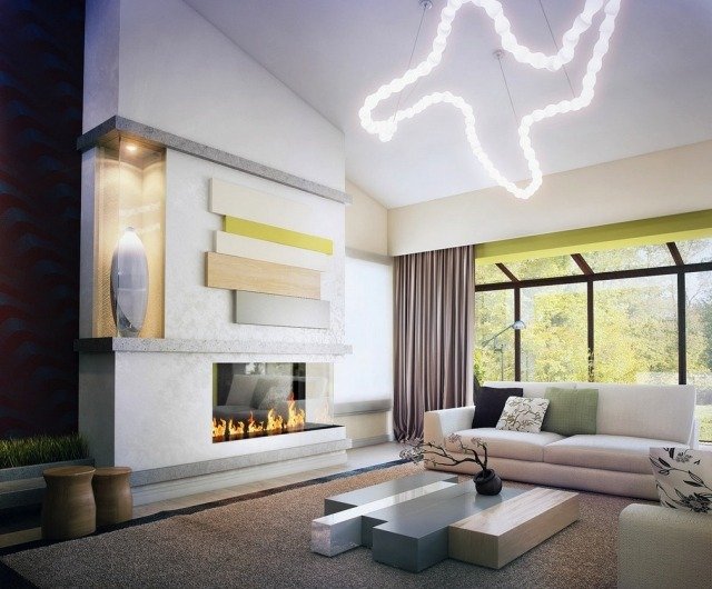 Inred vardagsrummet neutral-färg-gas-öppen spis-skulpturell-hängande lampa