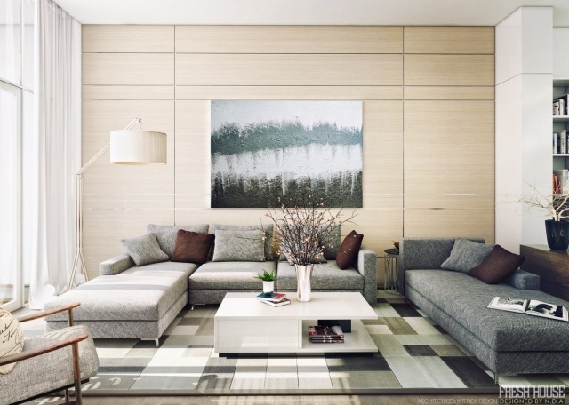 idé-vardagsrum-design-grå-soffor-trä-väggpaneler