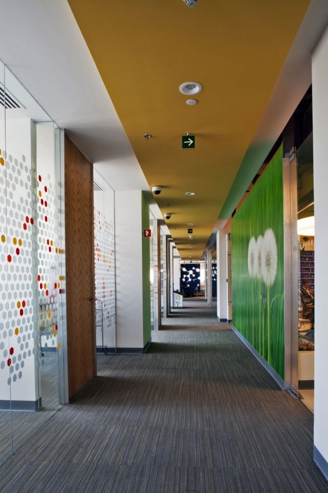 färg-design-i-korridoren-skiljeväggar-gjorda av glaspinne-mönster-tak-gul-målning