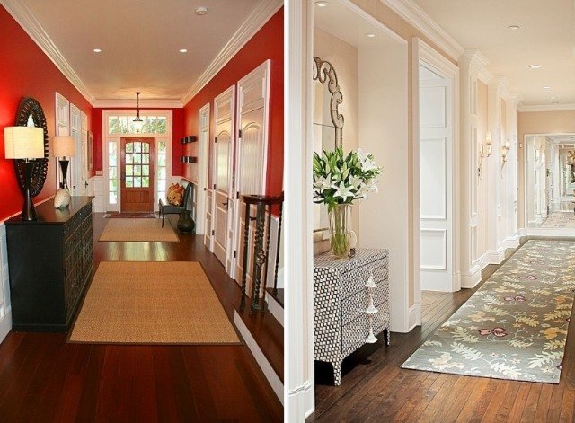 Design-korridor-golv-parkett-oljade-väggar-röda-vita-kantar-möbler