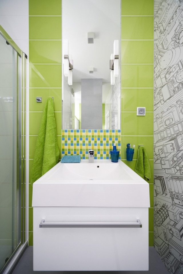 färg-design-lägenhet-grönt-badrum-grafiskt-tapet-motiv-modernt