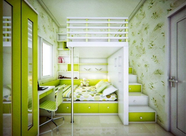 barnrum-loft-säng-klinker-golv-dominant-färg-grönt