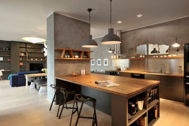 kök-trä-ö-stolar-svart-metall-grå-vägg-färg-exponerad betong-look