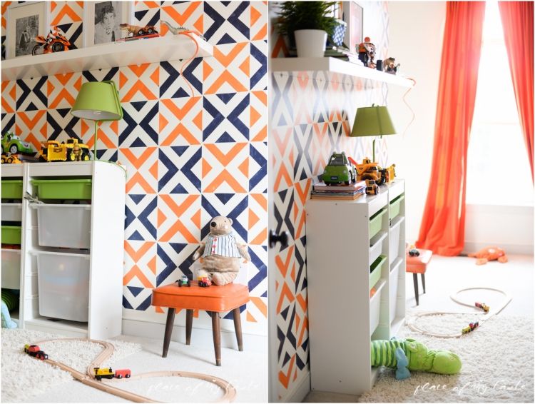 Måla väggidéer mönster-stencil-orange-mörkblå-pojkrum