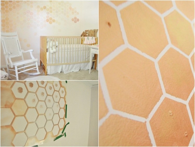 väggmålning-idéer-bikakemönster-orange-ombre-effekt-baby-rum-tjejer