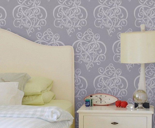 mönster-vägg-målning-idéer-ljus-grå-abstrakt-sovrum