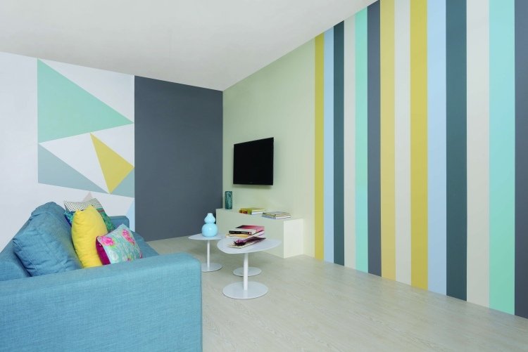 Måla väggidéer -ränder-vardagsrum-fräscha-färger-gul-grön-blå