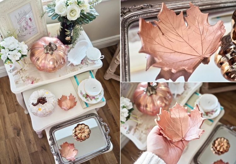 Modellera leraidéer för hösten för vuxna - dekorativa löv av hantverkslera i koppar
