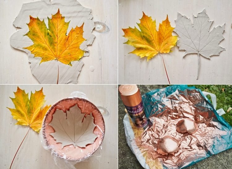 Gör små skålar med lera i form av blad och designa med sprayfärg i koppar