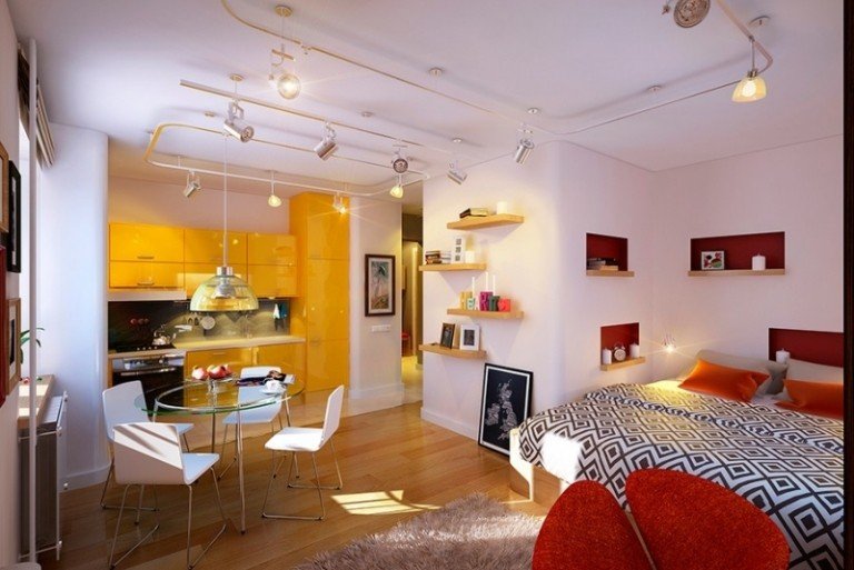 Idéer-litet-kök-gul-inbyggd-i-plan-lägenhet