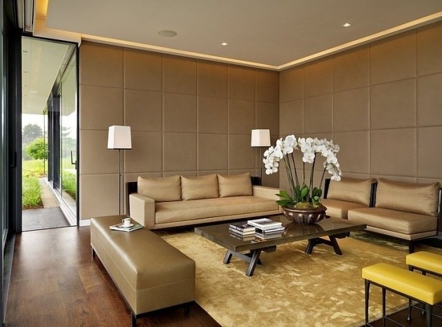 Levande idéer för vardagsrummet stoppade väggpaneler-brun-beige-guldton