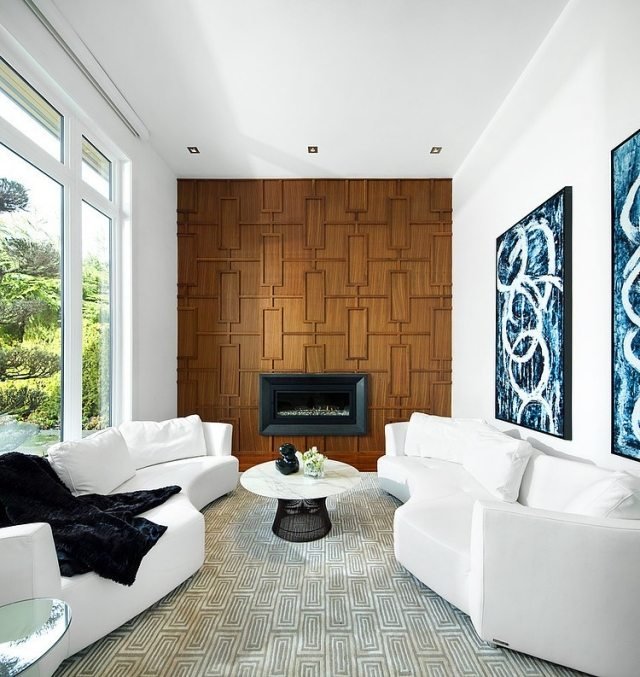Levande idéer för vardagsrummet spis-insats-dekorativa-trä-vägg-paneler-vita-soffor
