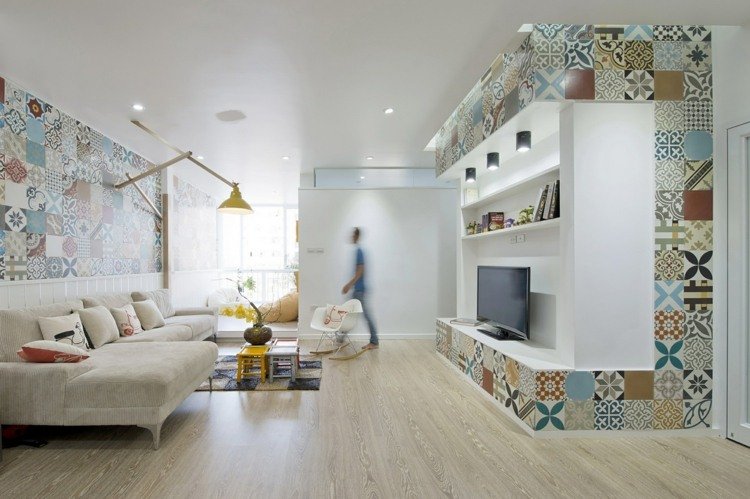 levande idéer för vardagsrummet lapptäcke-kakel-färgglada-färg accenter-soffa