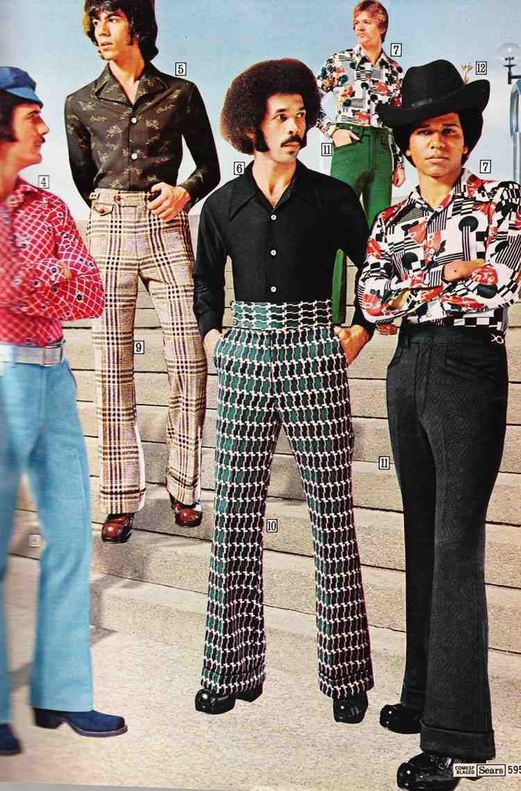 70-tals-mode-fest-herr-byxor-hög midja-färgglada-skjortor