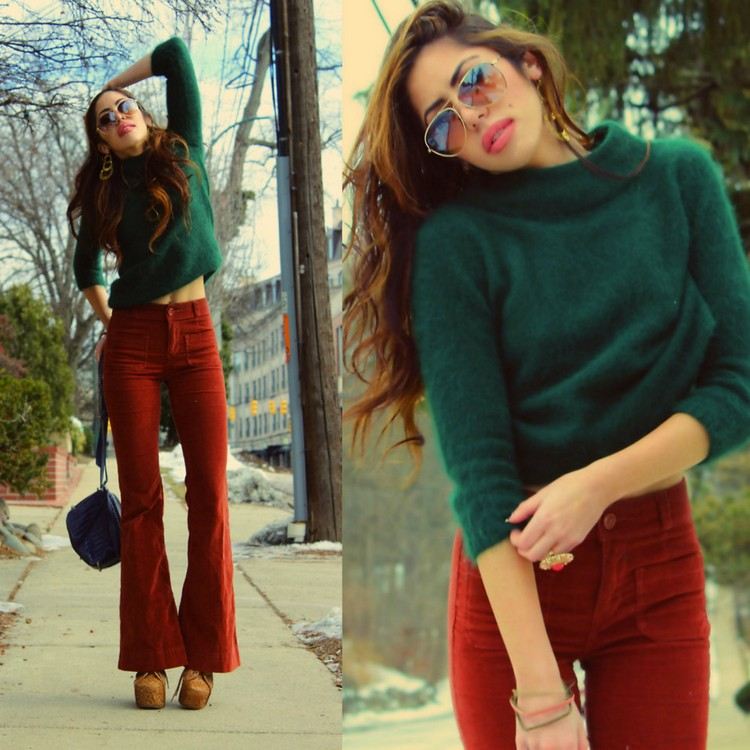 70-tal-mode-fest-corduroy-byxor-tegel-röd-grön-tröja