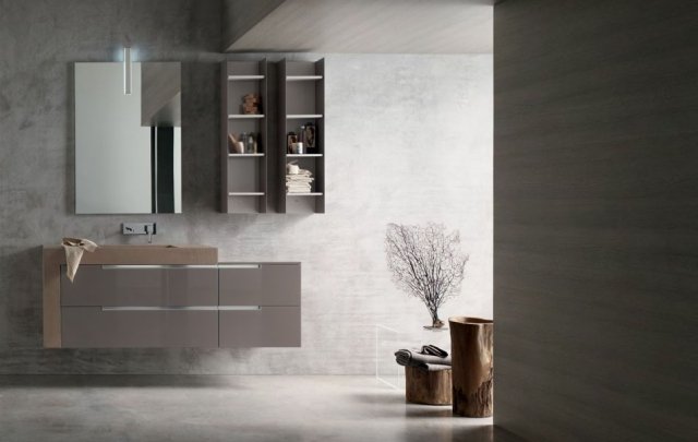 badrumsinredningstips INNE-badrumsmöbler-högglans-brun-grå-handfat-hyllor