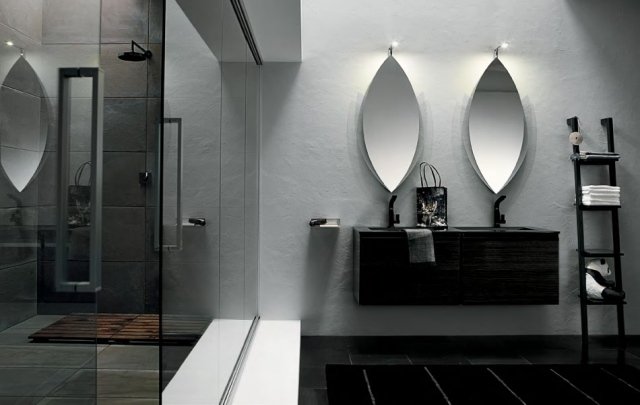 IBISCO-modern-badrum-möbler-dubbel-handfat-svart-oval-vägg-spegel