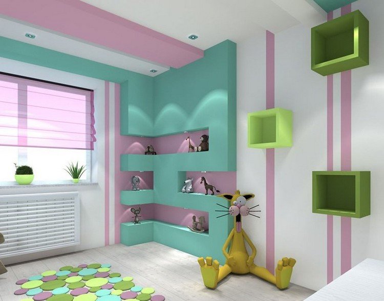 möbleringsidéer-barnrum-deco-gipsskiva-vägg-mintgrön-rosa