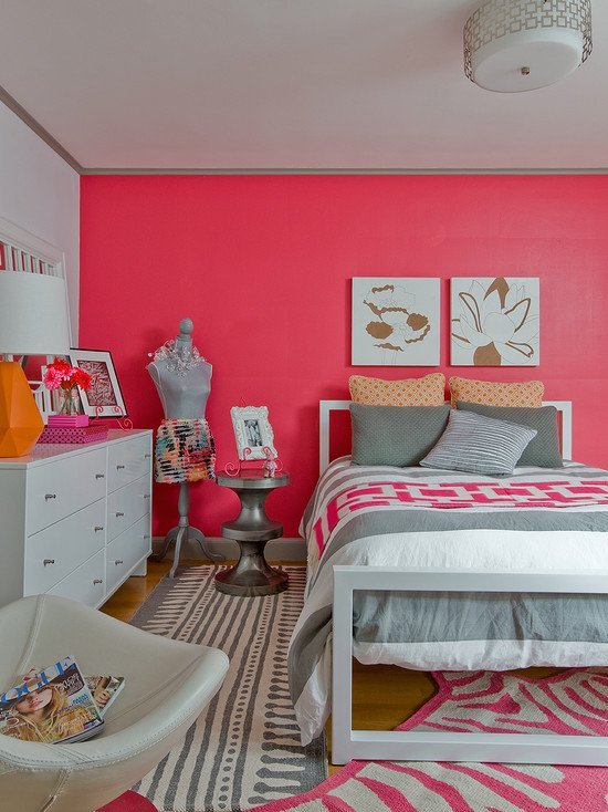 tonåringsrum för tjejer idéer väggfärg rosa grå design-neon-rosa