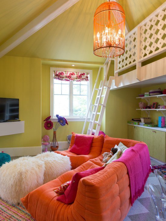 tonåringsrum duplex möbler idéer-stoppade möbler gula väggfällbara persienner-solskydd