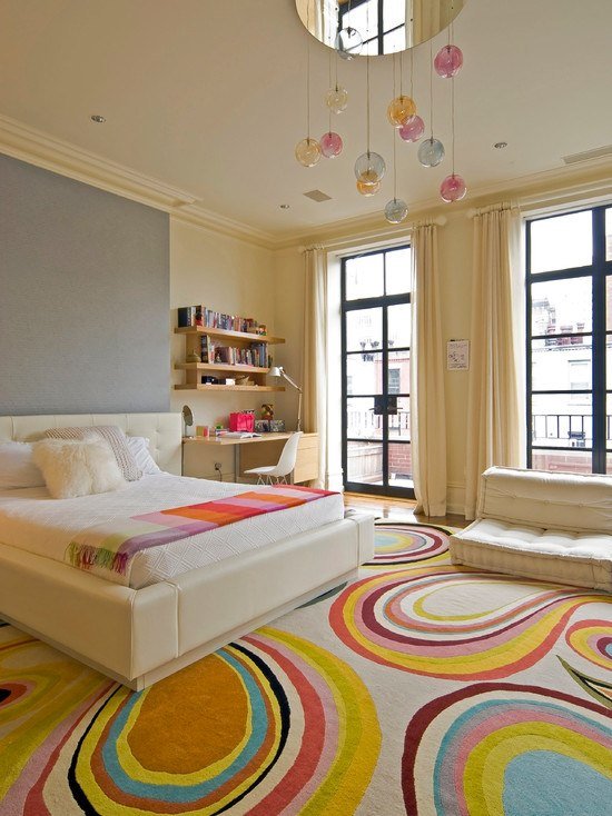 ungdomsrum matta geometriska mönster futon säng klädd