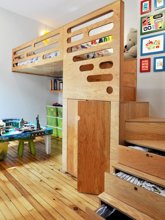 plywood möbler barnrum trä loft säng design trappor lådor
