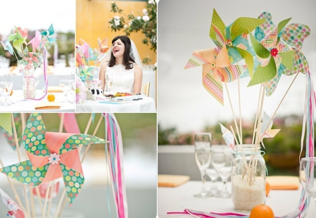 Bord dekoration bröllop papper pinwheels sylt burk