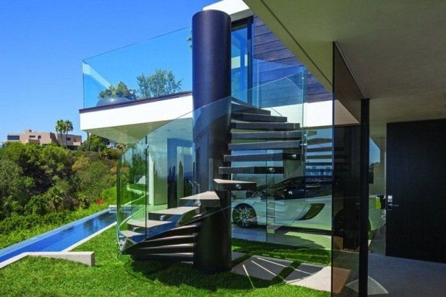 Idéer för utomhus spiraltrappa-glasräcke-modern villa