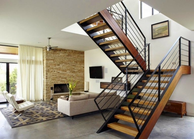 modern design trappa svart metall trä stil vardagsrum grå golv