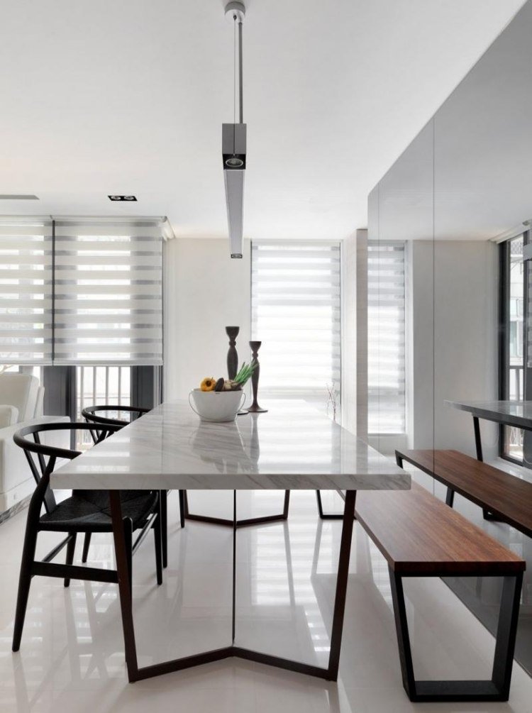 matsal-idéer-modern-minimalistisk-golv-blank-bänk-bord-marmor-skiva