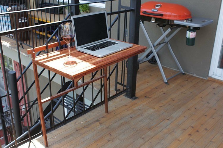 Balkongidéer hopfällbart bord-räcke-trä-laptop-vinglas