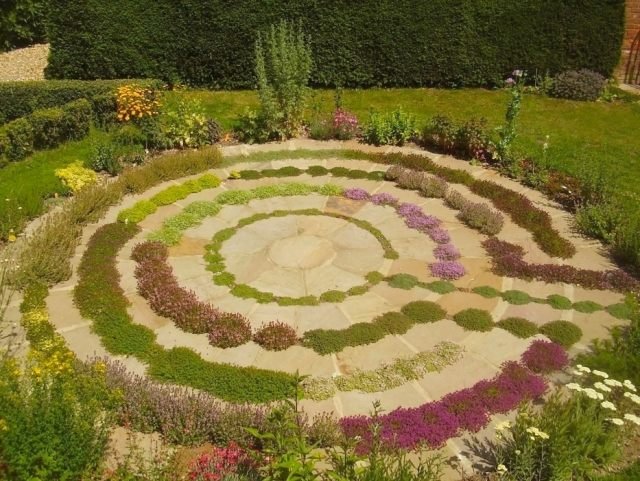 trädgård labyrint inspiration marktäckning spiral sten plattor