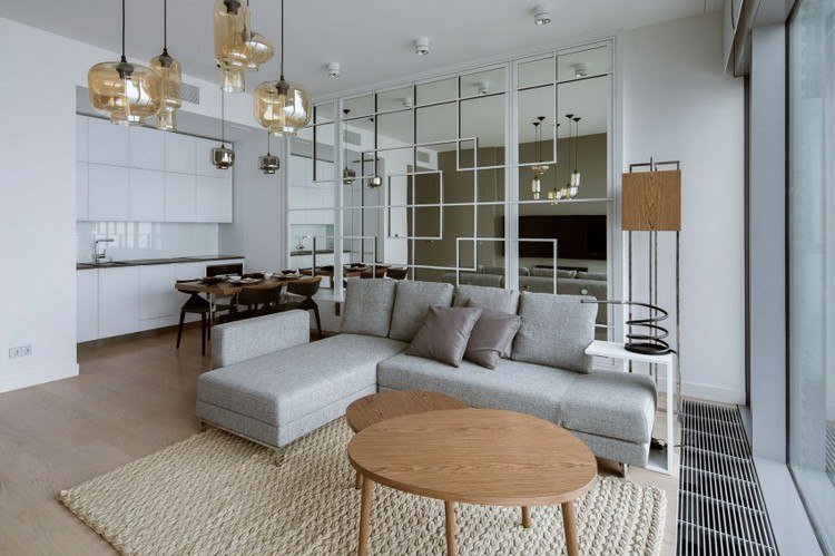 Moderna möbleridéer vardagsrum-kök-spegel-vägg-optisk-förstoring