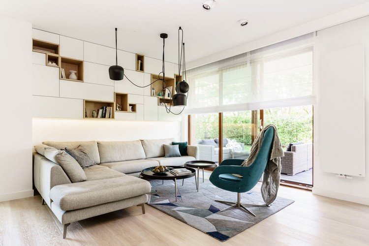 Moderna möbleridéer vardagsrum-hyllor-system-barriär-led-belysning
