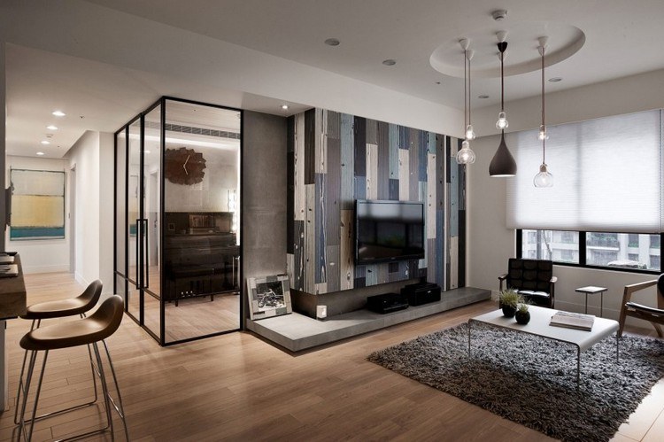 moderna möbleridéer vardagsrum-väggpaneler-träoptik-blågrå toner