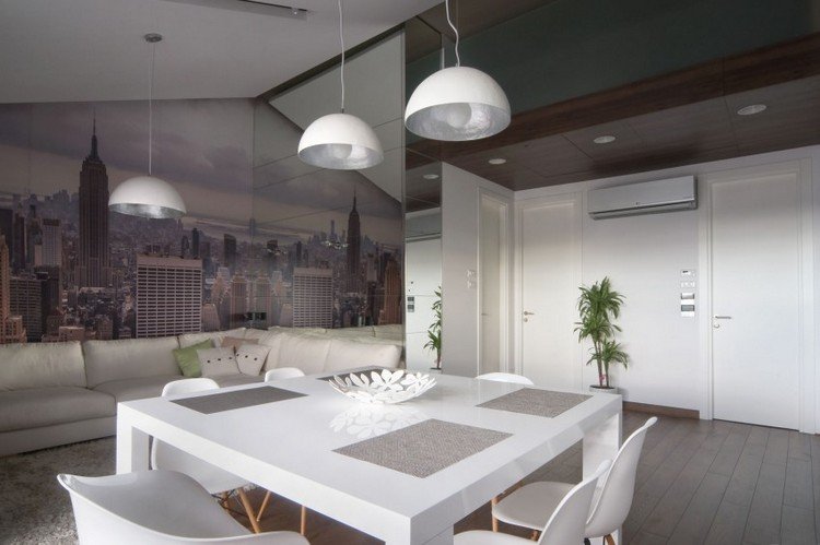moderna-interiör-idéer-vardagsrum-fototapeter-new-york-spegel-vägg-vita-möbler