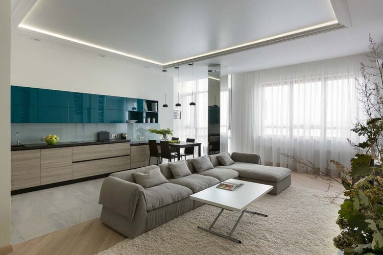 Moderna möbleridéer vardagsrum-indirekt-tak-belysning-blå-kök