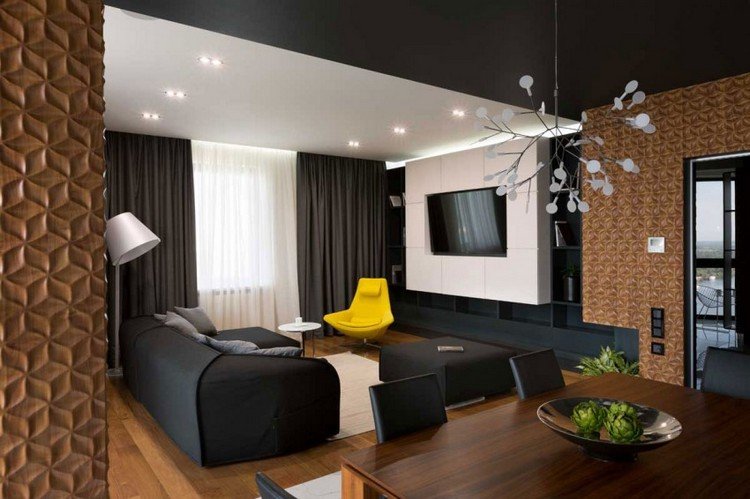 modern-inredning-idéer-vardagsrum-svart-vit-3d-väggpaneler-trä-look