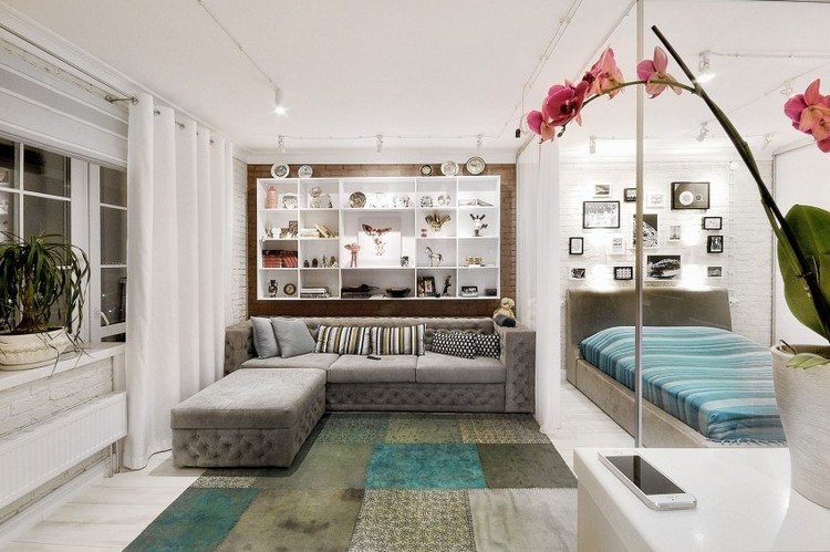 modern-möblering-idéer-vardagsrum-sovrum-ett-rums lägenhet-glasväggridåer