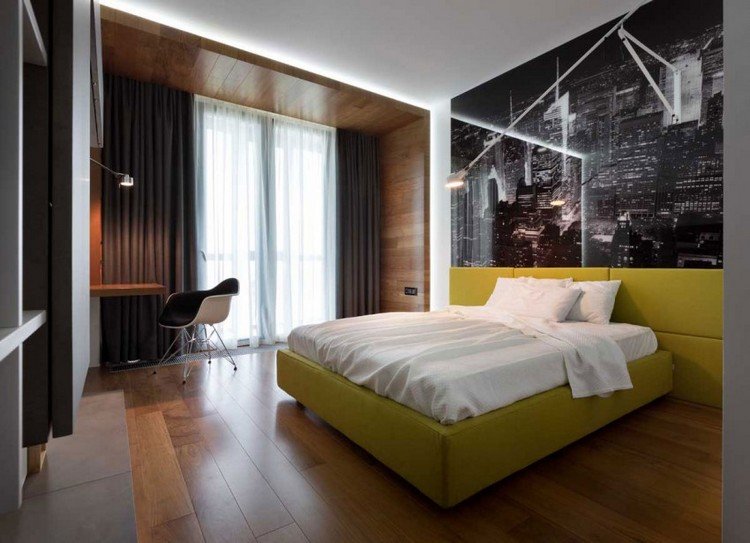 modern-möblering-idéer-sovrum-gul-stoppad-säng-foto vägg-stad-liv-indirekt-led-belysning
