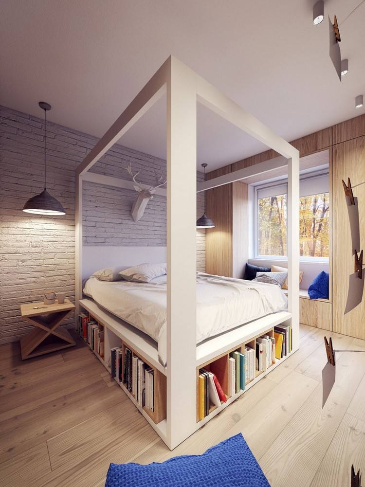 moderna möbler-idéer-sovrum-säng-bokhyllor-trägolv inbyggt skåp