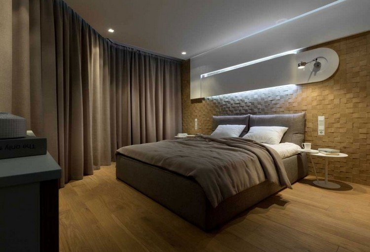 modern-inredning-idéer-sovrum-3d-trä-vägg-paneler-indirekt-vägg-belysning