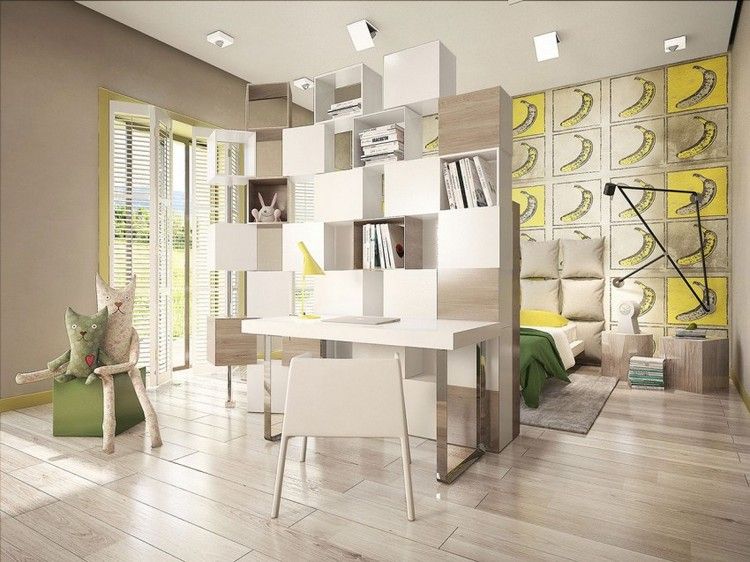 modern-inredning-idéer-barnrum-rumsdelare-skrivbord-gul-vit-grön