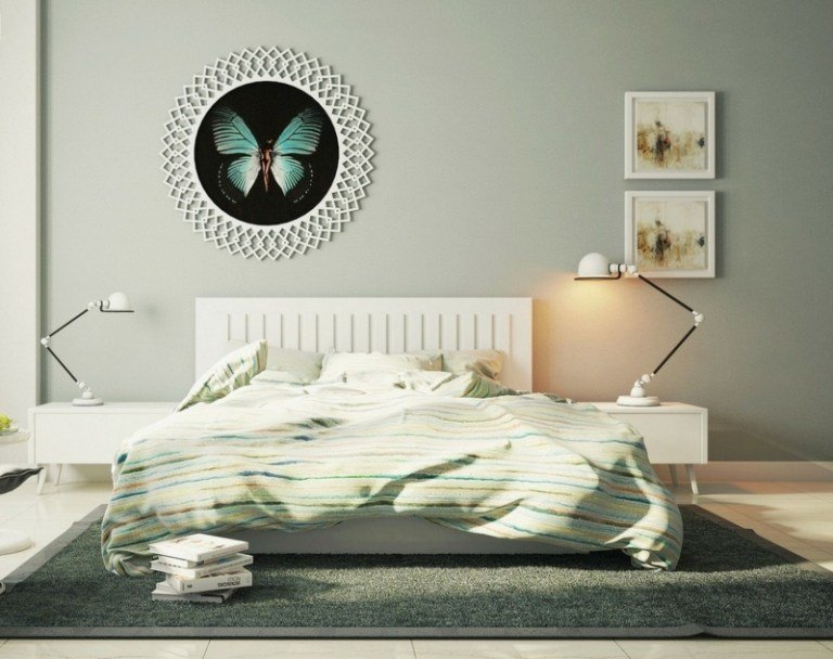 modern sovrum säng vit grå matta sänglampa väggdekoration