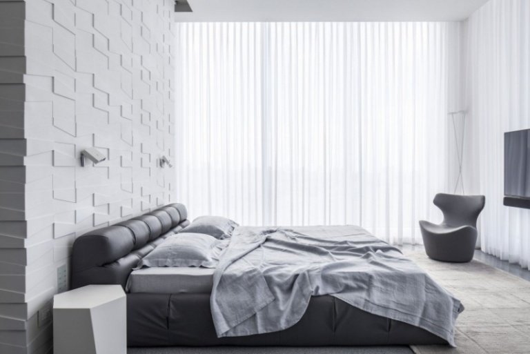 Modern sovrums väggdesign-3d-väggpaneler-vit-grå-stoppade möbler